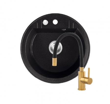 Amenajare bucatarie - Set Chiuveta bucatarie Ferro Mezzo II 1 Cuva Rotunda 51 cm GRAFIT si Baterie Ferro ZUMBA NEGRU-GOLD