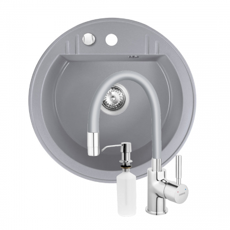 Amenajare bucatarie - Set Chiuveta bucatarie Ferro Mezzo II 1 Cuva Rotunda 51 cm GRI si Baterie Ferro cu Pipa Flexibila Zumba+Dozator detergent FERRO