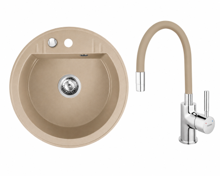Amenajare bucatarie - Set Chiuveta bucatarie Ferro Mezzo II 1 Cuva Rotunda 51 cm NISIP si Baterie Ferro Zumba cu Pipa Flexibila