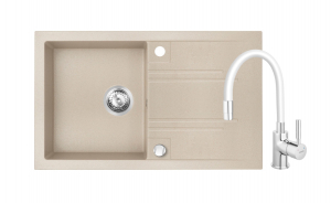 Promotii pachete chiuveta + baterie - Set chiuveta Ferro granit 78x48, nisip ,cu baterie flexibila Ferro
