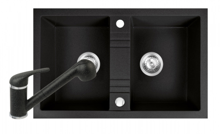 Promotii pachete chiuveta + baterie - Set Chiuveta bucatarie Ferro Mezzo II 2 Cuve 78x48 cm GRAFIT si Baterie Ferro FREYA stativa bucatarie cu dus extractibil BFR8B