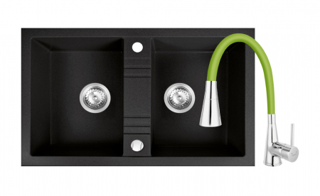 Promotii pachete chiuveta + baterie - Set chiuveta Ferro granit 78x48 grafite 2 cuve cu baterie flexibila Ferro 2 functii