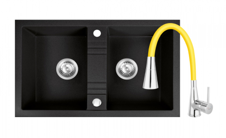 Promotii pachete chiuveta + baterie - Set chiuveta Ferro granit 78x48 grafite 2 cuve cu baterie flexibila Ferro 2 functii