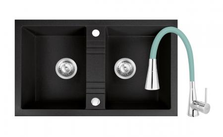Promotii pachete chiuveta + baterie - Set chiuveta Ferro granit 78x48 grafite 2 cuve cu baterie flexibila Ferro 2 functii