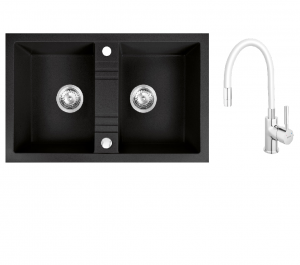 Promotii pachete chiuveta + baterie - Set chiuveta Ferro granit 78x48 grafite ,2 cuve,cu baterie flexibila Ferro negru
