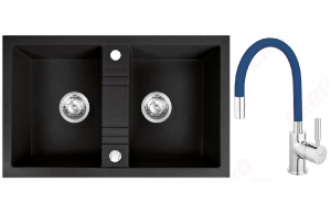 Promotii pachete chiuveta + baterie - Set chiuveta Ferro granit 78x48 grafite ,2 cuve,cu baterie flexibila Ferro negru