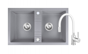 Promotii pachete chiuveta + baterie - Set Chiuveta bucatarie Ferro Mezzo II 2 Cuve 78x48 cm GRI si Baterie Ferro Zumba cu Pipa Flexibila