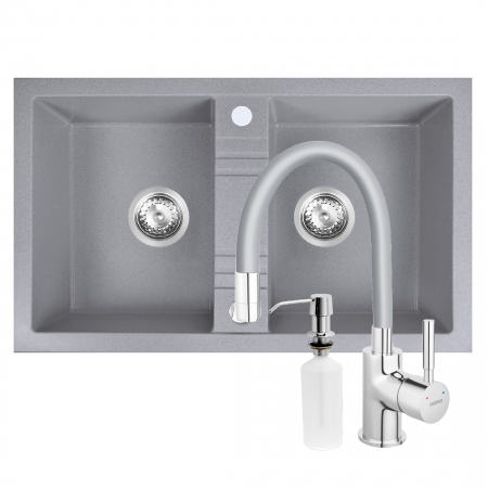 Amenajare bucatarie - Set Chiuveta bucatarie Ferro Mezzo II 2 Cuve 78x48 cm GRI si Baterie Ferro Zumba cu Pipa Flexibila+Dozator detergent FERRO