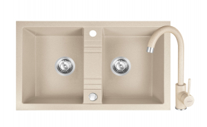 Promotii pachete chiuveta + baterie - Set Chiuveta bucatarie Ferro Mezzo II 2 Cuve 78x48 cm NISIP si Baterie Ferro FREYA stativa bucatarie BFR41S