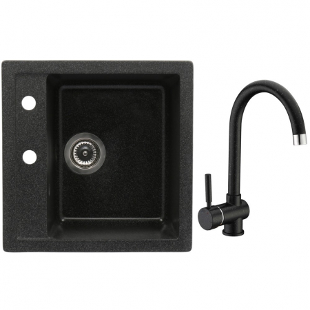 Amenajare bucatarie - Set chiuveta bucatarie granit CASA BLANCA QUADRO cu 1 cuva 48x48cm NEAGRA+baterie BLACK4H