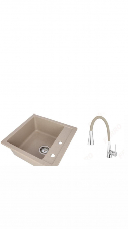 Amenajare bucatarie - Set chiuveta bucatarie granit CASA BLANCA QUADRO cu 1 cuva 48x48cm NISIP+baterie BZA42P
