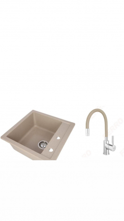 Amenajare bucatarie - Set chiuveta bucatarie granit CASA BLANCA QUADRO cu 1 cuva 48x48cm NISIP+baterie BZA4P