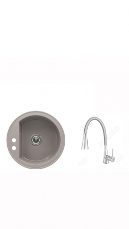 Amenajare bucatarie - Set chiuveta bucatarie granit CASA BLANCA RONDO cu 1 cuva 51cm GRI+baterie BZA42S
