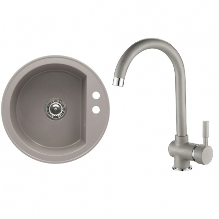 Amenajare bucatarie - Set chiuveta bucatarie granit CASA BLANCA RONDO cu 1 cuva 51cm GRI+baterie GREY4H