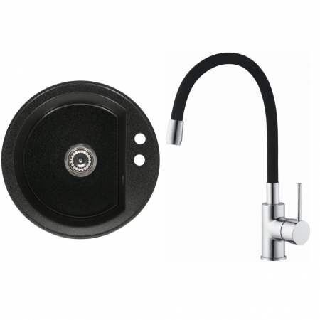 Amenajare bucatarie - Set chiuveta bucatarie granit CASA BLANCA RONDO cu 1 cuva 51cm NEAGRA+baterie BFX4A-N