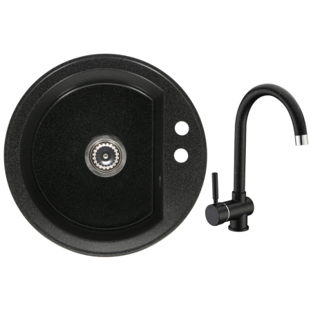 Amenajare bucatarie - Set chiuveta bucatarie granit CASA BLANCA RONDO cu 1 cuva 51cm NEAGRA+baterie BLACK4H