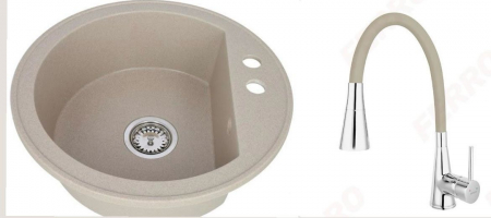 Amenajare bucatarie - Set chiuveta bucatarie granit CASA BLANCA RONDO cu 1 cuva 51cm NISIP+baterie BZA42P