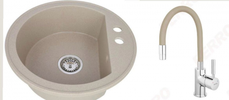 Amenajare bucatarie - Set chiuveta bucatarie granit CASA BLANCA RONDO cu 1 cuva 51cm NISIP+baterie BZA4P
