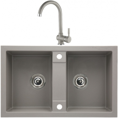 Amenajare bucatarie - Set chiuveta bucatarie granit CASABLANCA DUO cu 2 cuve GRI 78x48cm + baterie GREY4H