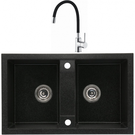 Amenajare bucatarie - Set chiuveta bucatarie granit CASABLANCA DUO cu 2 cuve NEAGRA 78x48cm + baterie BFX4A-N