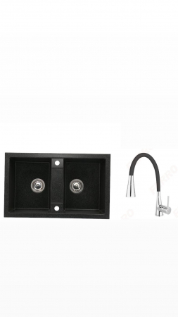 Amenajare bucatarie - Set chiuveta bucatarie granit CASABLANCA DUO cu 2 cuve NEAGRA 78x48cm + baterie BZA42B