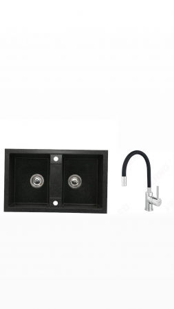 Amenajare bucatarie - Set chiuveta bucatarie granit CASABLANCA DUO cu 2 cuve NEAGRA 78x48cm + baterie BZA4B