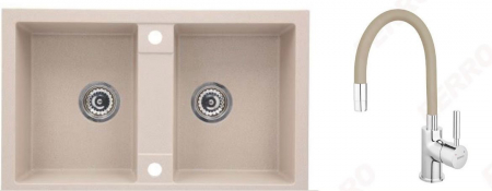 Amenajare bucatarie - Set chiuveta bucatarie granit CASABLANCA DUO cu 2 cuve NISIP 78x48cm + baterie+BZA4P