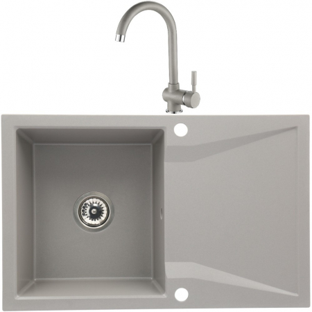 Promotii pachete chiuveta + baterie - Set chiuveta bucatarie granit CASABLANCA NERA cu 1 cuva si picurator 79x50cm GRI+ baterie GREY4H