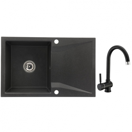 Promotii pachete chiuveta + baterie - Set chiuveta bucatarie granit CASABLANCA NERA cu 1 cuva si picurator 79x50cm  NEAGRA+ baterie BLACK4H