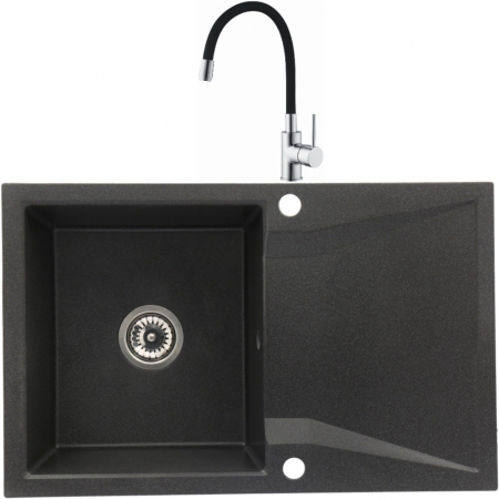 Amenajare bucatarie - Set chiuveta bucatarie granit CASABLANCA NERA cu 1 cuva si picurator 79x50cm NEAGRA+ baterie BFX4A-N