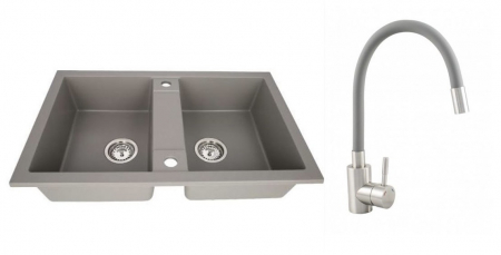 Amenajare bucatarie - Set chiuveta CASA BLANCA DUO cu 2 cuve 78x48 GRI+Baterie ER-YX208G