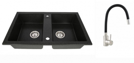 Amenajare bucatarie - Set chiuveta CASA BLANCA DUO cu 2 cuve 78x48 NEAGRA+Baterie ER-YX208N