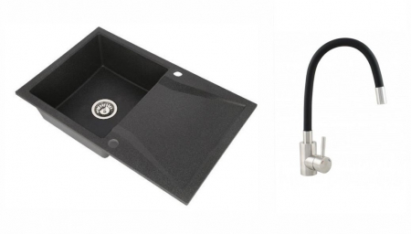 Amenajare bucatarie - Set chiuveta CASA BLANCA NERA 1 cuva si picurator 790X500 NEAGRA+Baterie ER-YX208N