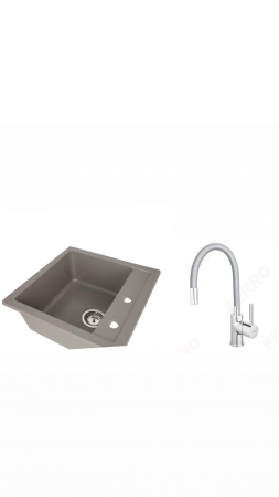 Amenajare bucatarie - Set chiuveta CASA BLANCA QUADRO patrata, 1 cuva 48x48 GRI+Baterie BZA4S