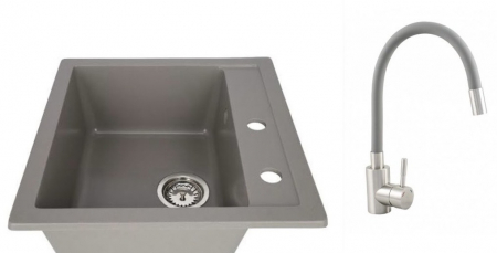 Amenajare bucatarie - Set chiuveta CASA BLANCA QUADRO patrata, 1 cuva 48x48 GRI+Baterie ER-YX208G