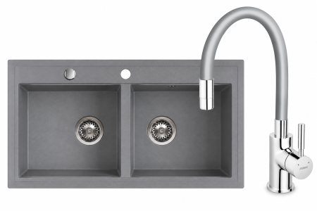 Promotii pachete chiuveta + baterie - Set Chiuvetă din granit cu două cuve, 45 × 75 cm FERRO STAMPO Gri+Baterie flexibila FERRO gri