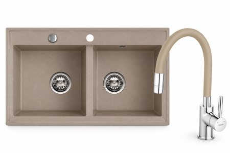 Amenajare bucatarie - Set Chiuvetă din granit cu două cuve, 45 × 75 cm FERRO STAMPO Nisip+Baterie flexibila FERRO