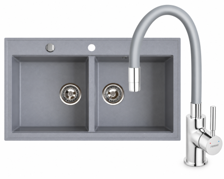 Promotii pachete chiuveta + baterie - Set chiuvetă din granit cu două cuve, 50 × 86 cm FERRO STAMPO Gri, adâncime cuvă 215 mm+Baterie flexibila FERRO gri
