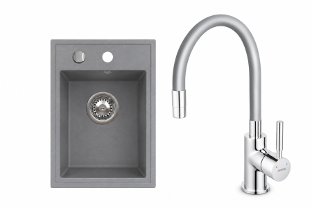 Promotii pachete chiuveta + baterie - Set Chiuvetă din granit cu o singură cuvă, 50 × 40 cm FERRO STAMPO Gri, adâncime cuvă 200 mm+Baterie flexila FERRO gri