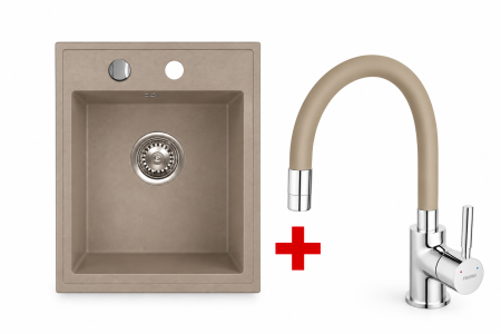 Amenajare bucatarie - Set Chiuvetă din granit cu o singură cuvă, 50 × 40 cm FERRO STAMPO Nisip, adâncime cuvă 200 mm+Baterie flexibila FERRO