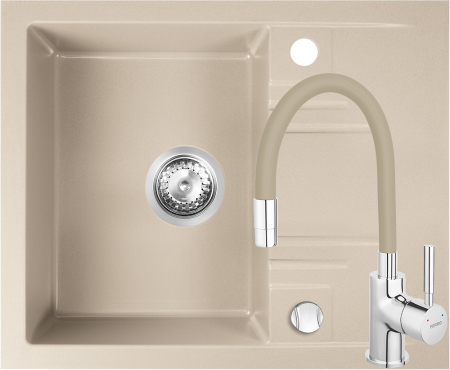 Amenajare bucatarie - Set Chiuveta Ferro 1 Cuva si Picurator 580 x 480 mm si Baterie Ferro Zumba cu Pipa Flexibila Nisip
