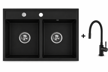 Promotii pachete chiuveta + baterie - Set chiuveta Ferro din granit cu două cuve, 50 × 86 cm Negru Mat+Baterie flexibila Ferro neagra