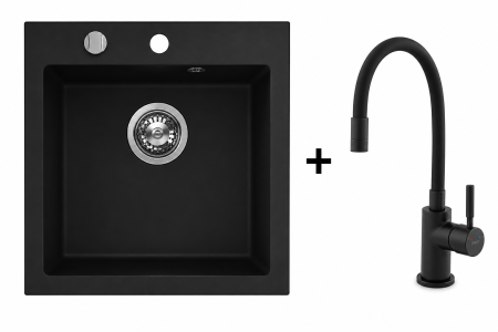 Promotii pachete chiuveta + baterie - Set chiuveta Ferro din granit, o cuvă, 45 × 49 cm Negru Mat+Baterie flexibila Ferro neagra