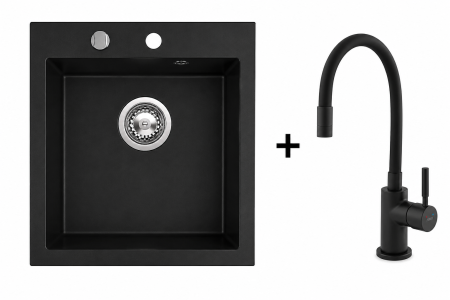 Promotii pachete chiuveta + baterie - Set chiuveta Ferro din granit, o cuvă, 50 × 40 cm Negru Mat+Baterie flexibila Ferro neagra