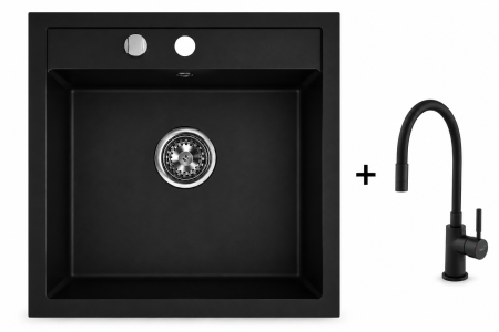 Promotii pachete chiuveta + baterie - Set chiuveta Ferro din granit, o cuvă, 51 × 56 cm Negru Mat+Baterie flexibila Ferro neagra