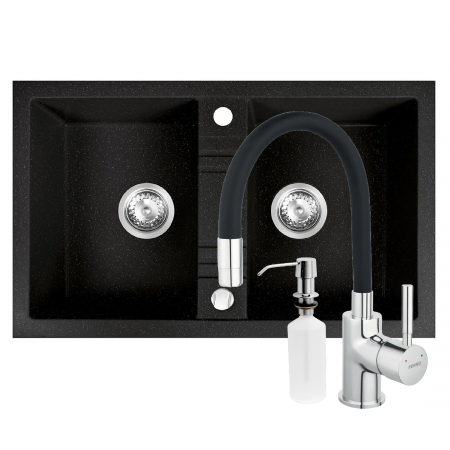 Promotii pachete chiuveta + baterie - Set chiuveta Ferro granit 78x48 grafite ,2 cuve,cu baterie flexibila Ferro negru+Dozator detergent FERRO
