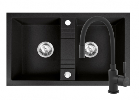Promotii pachete chiuveta + baterie - Set chiuveta Ferro granit 78x48 grafite ,2 cuve,cu baterie flexibila Ferro NERO negru
