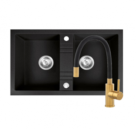 Amenajare bucatarie - Set chiuveta Ferro granit 78x48 grafite ,2 cuve,cu baterie flexibila Ferro ZUMBA NEGRU-GOLD