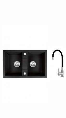 Promotii pachete chiuveta + baterie - Set chiuveta Ferro granit 78x48 grafite 2 cuve,cu baterie flexibila neagra ER-A208N