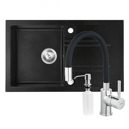 Promotii pachete chiuveta + baterie - Set chiuveta Ferro granit 78x48 grafite cu baterie flexibila Ferro negru+ Dozator detergent FERRO